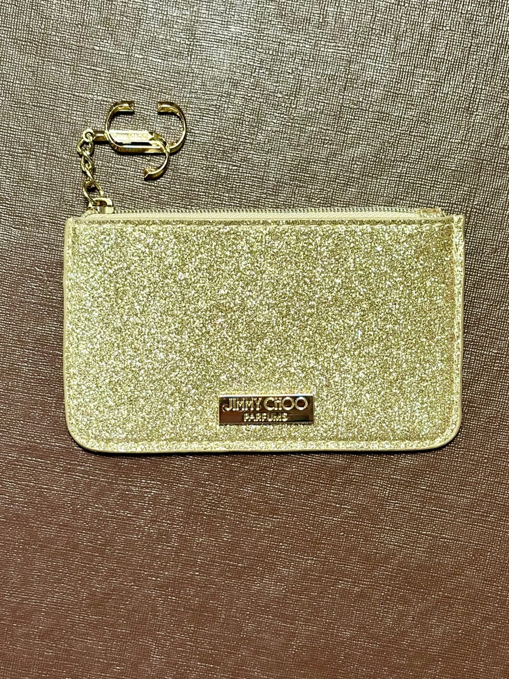 Jimmy Choo Parfums Gold Glitter Coin Pouch & Card Holder Keychain, NEW ⚜️